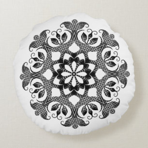 Cojín Redondo Reversible de cuadros de búfalo en blanco y negro