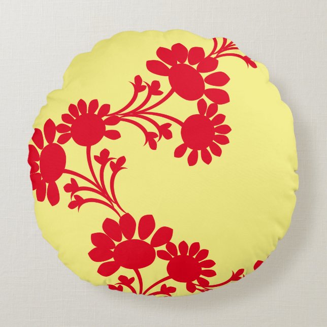Cojín Redondo Reversible floral amarillo rojo  (Anverso)