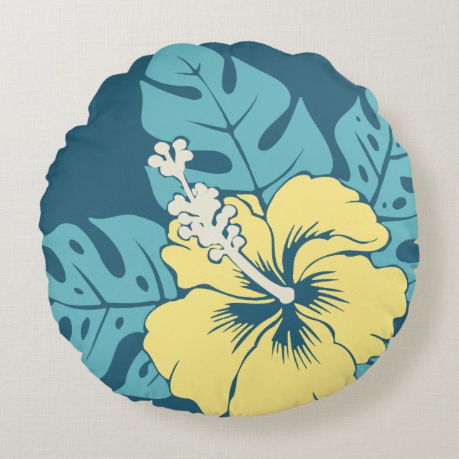 Cojín Redondo Reversible hawaiano del hibisco de la playa del (Anverso)
