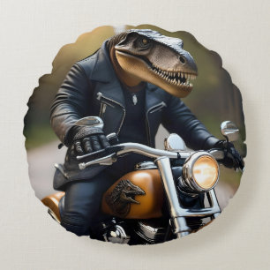Cojín Redondo **"Rex Acelerado: T-Rex con Cuero y en Motocicleta