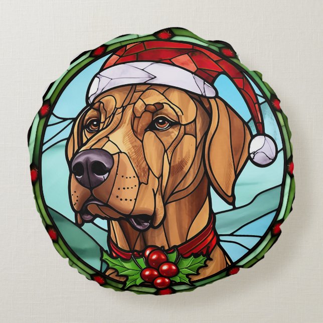 Cojín Redondo Rhodesian Ridgeback Navidades de vidrio manchado (Reverso)