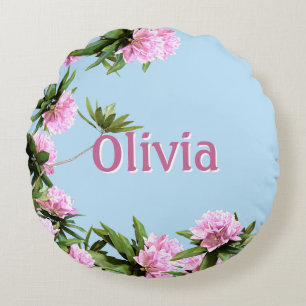 Cojín Redondo Rhododendro Rosa Floral Personalizado Nombre