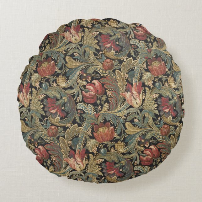 Cojín Redondo Rich Floral Tapestry Brocade Antiguo Clásico (Anverso)