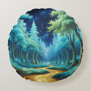 Cojín Redondo Río de Oro en Bosque de Fantasía