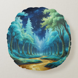 Cojín Redondo Río de Oro en Bosque de Fantasía