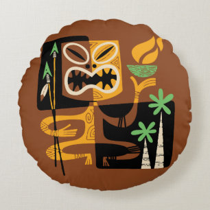 Cojín Redondo Rituales tribales antiguos: hombre con fuego y lan