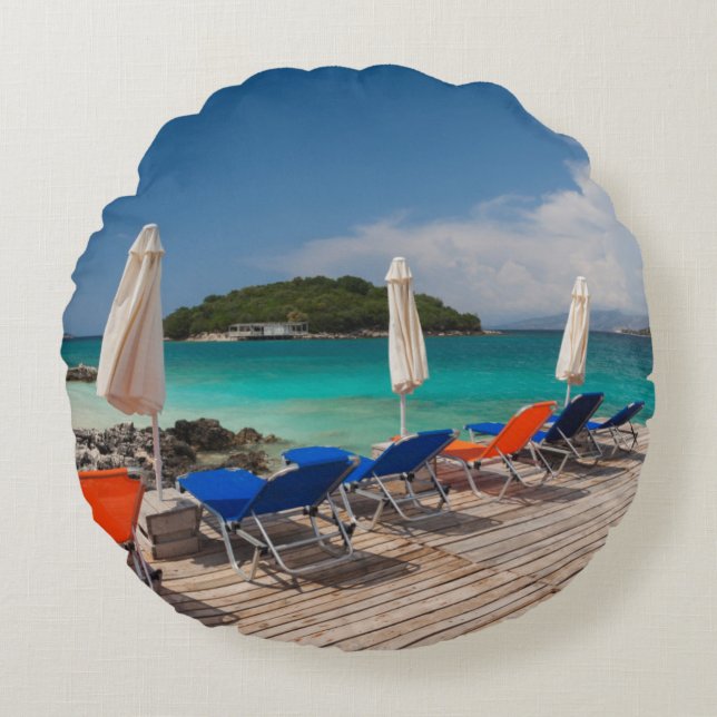 Cojín Redondo Riviera albanesa, Ksamil, ciudad frente a la playa (Anverso)