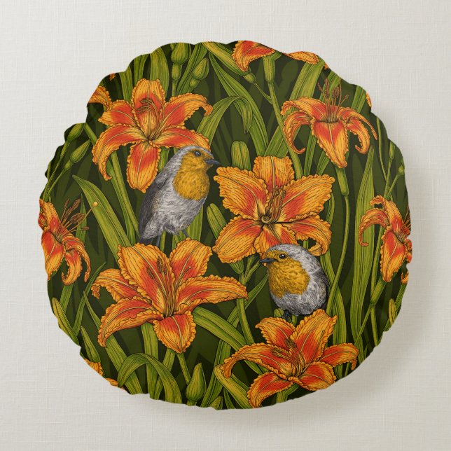 Cojín Redondo Robins y flores de lirio, naranja y verde oscuro (Anverso)