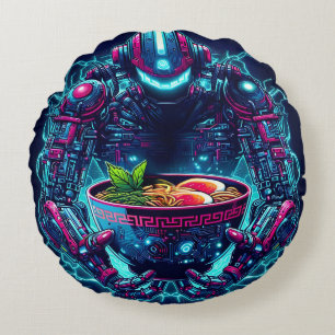 Cojín Redondo Robot de ciberpunk futurista con ramen de comida n