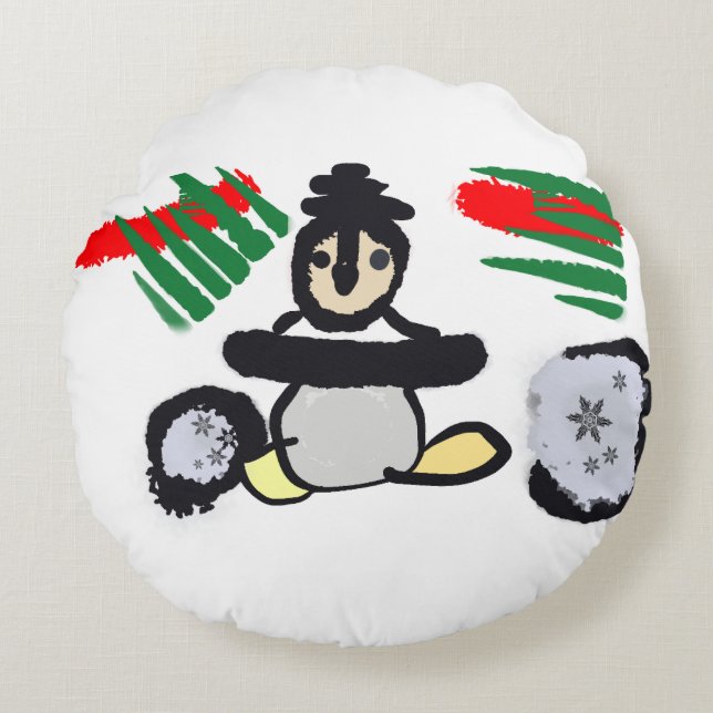 Cojín Redondo Roca de pingüino Navidad  (Anverso)