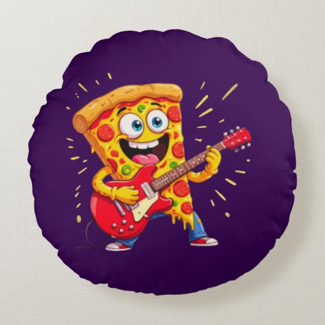Cojín Redondo **Rock ’n’ Roll Pizza – Funny Guitar-Playing Slice (Anverso)