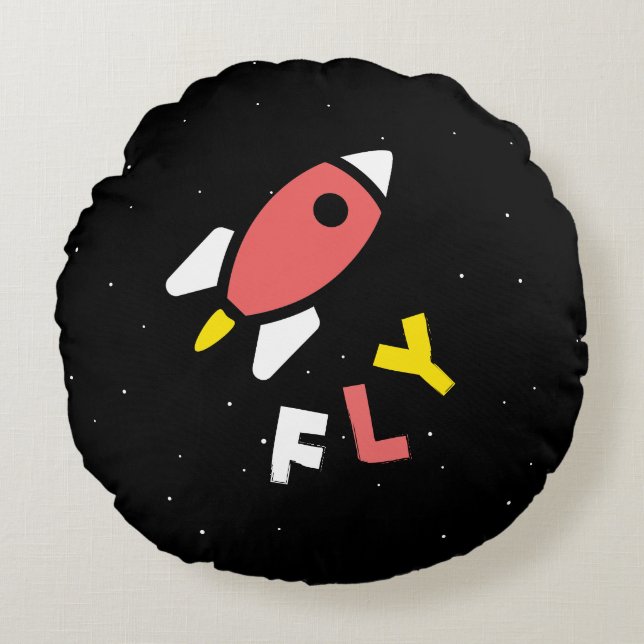 Cojín Redondo Rocket - Arte pop abstracto rojo y amarillo. ¡FLY! (Anverso)