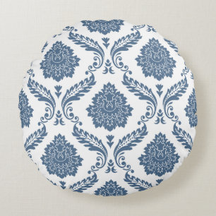 Cojín Redondo Rococó Damask Gran Patrón Azul sobre Blanco