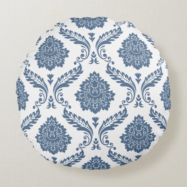 Cojín Redondo Rococó Damask Gran Patrón Azul sobre Blanco (Anverso)