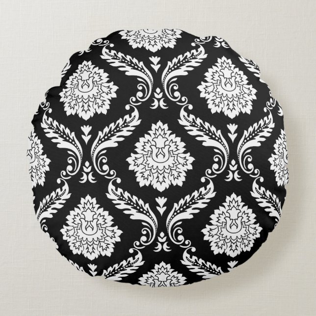 Cojín Redondo Rococo Damask Gran Patrón Blanco sobre Negro (Anverso)