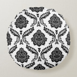 Cojín Redondo Rococó Damask Gran Patrón Negro sobre Blanco