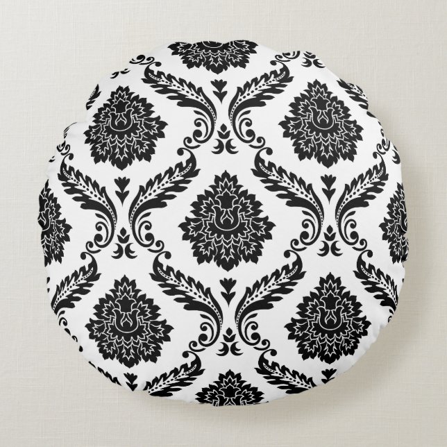 Cojín Redondo Rococó Damask Gran Patrón Negro sobre Blanco (Anverso)
