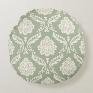 Cojín Redondo Rococó Damask Patrón Grande Crema sobre Verde