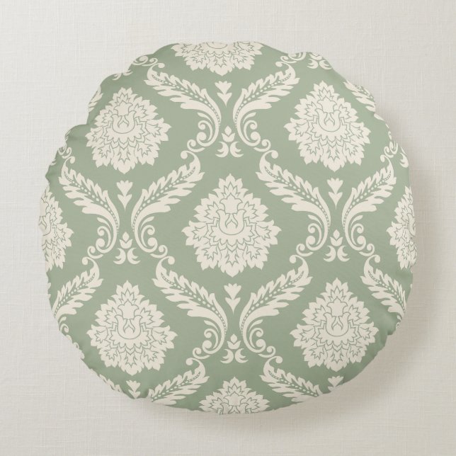 Cojín Redondo Rococó Damask Patrón Grande Crema sobre Verde (Anverso)