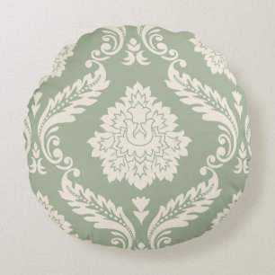 Cojín Redondo Rococo Damask Patrón Grande Crema sobre Verde