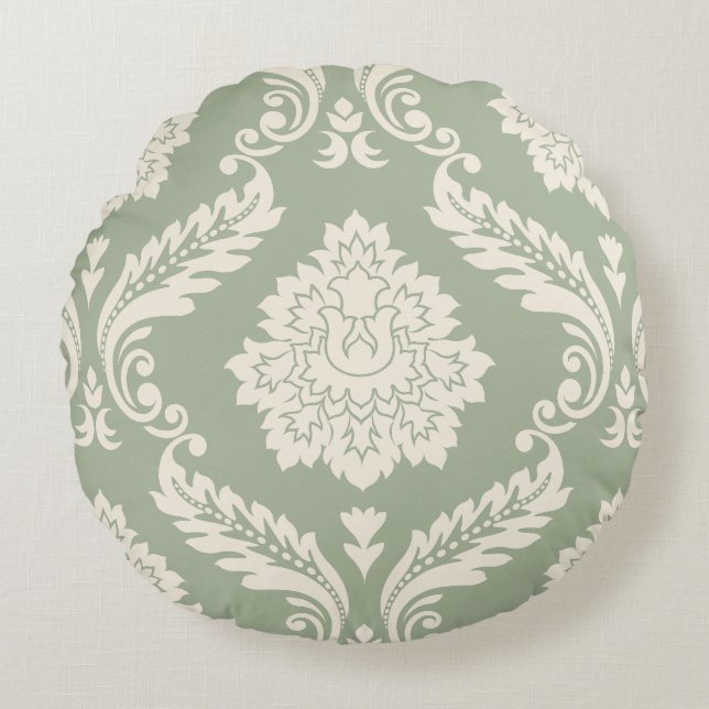 Cojín Redondo Rococo Damask Patrón Grande Crema sobre Verde (Anverso)