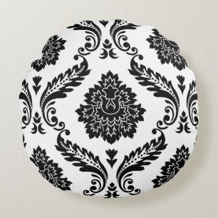 Cojín Redondo Rococo Damask Patrón Grande Negro sobre Blanco