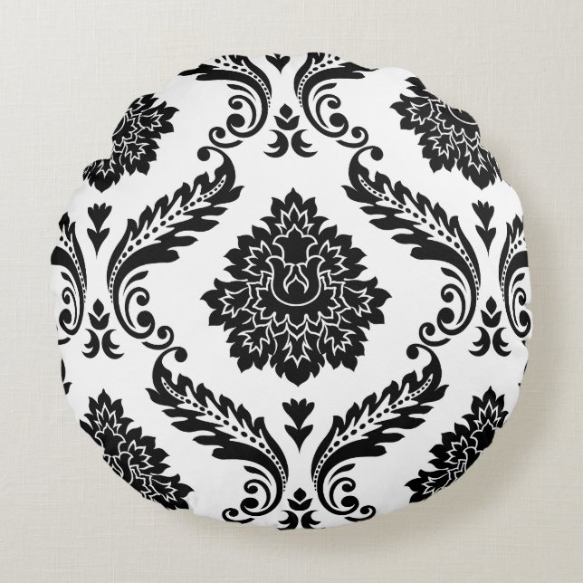 Cojín Redondo Rococo Damask Patrón Grande Negro sobre Blanco (Anverso)