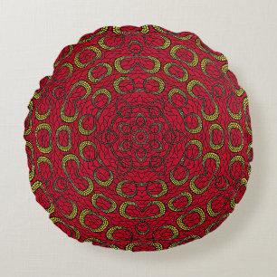 Cojín Redondo Rojo Boho Mandala Geométrica Rosette Retro Hippie