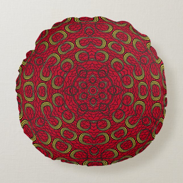 Cojín Redondo Rojo Boho Mandala Geométrica Rosette Retro Hippie (Anverso)