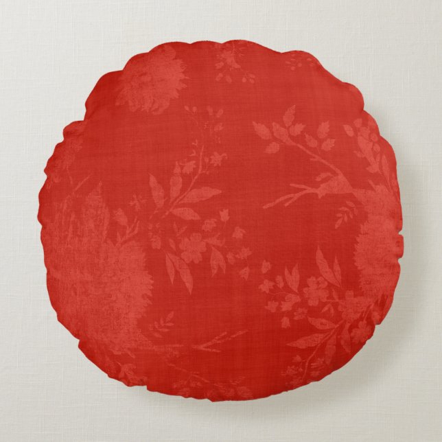 Cojín Redondo Rojo brillante en el patrón floral rojo (Anverso)