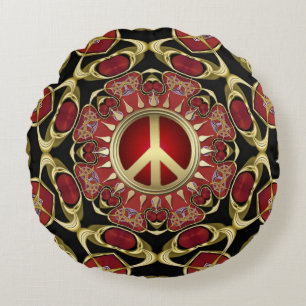Cojín Redondo Rojo Corazón Oro Paz Poder Amor Ronda Pillow
