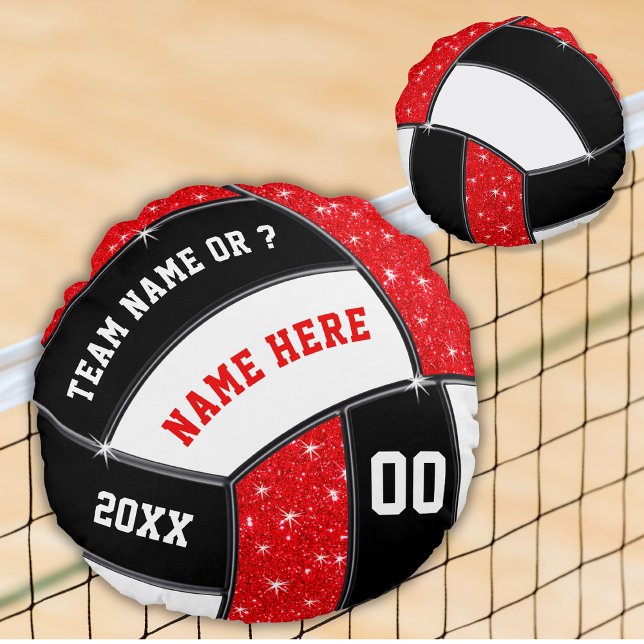 Cojín Redondo Rojo, negro y blanco, regalos para los jugadores d (Red, White and Black, Personalized, Volleyball Pillow. Great, Senior Night Gifts for Volleyball. )