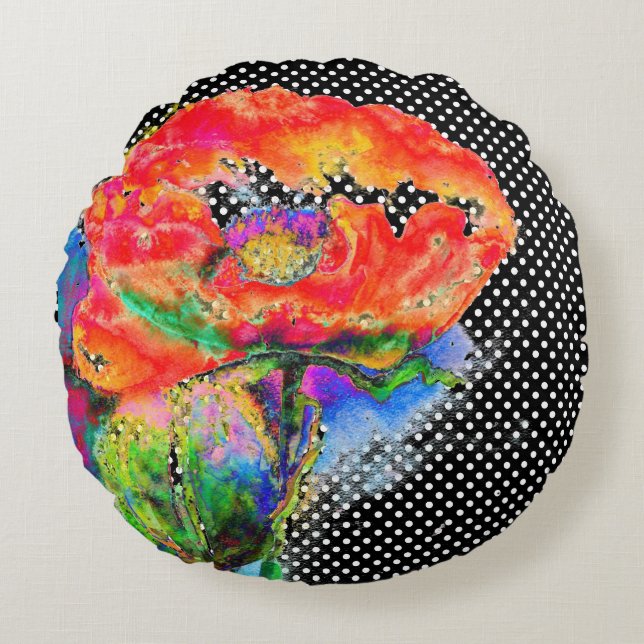 Cojín Redondo Rojo Poppy floral acuarela polka punto (Anverso)