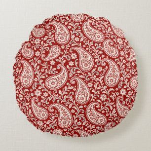 Cojín Redondo Rojo Vintage y Paisley Floral de Marfil