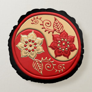 Cojín Redondo Rojo y Dorado Floral Yin Yang