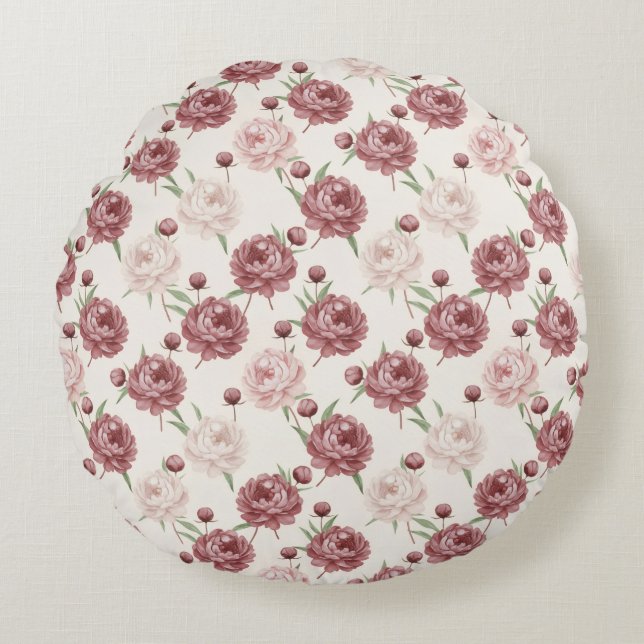 Cojín Redondo Romantic Blush & Burgundy Peony Floral Pattern (Anverso)