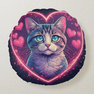 Cojín Redondo Romantic Cat Lover Gift | Aesthetic Neon Animal