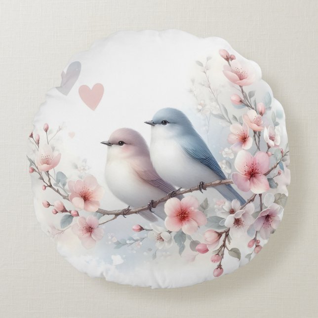 Cojín Redondo Romantic Love Birds Cherry Blossom Branch (Anverso)