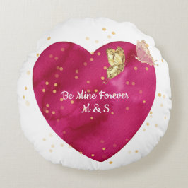 Cojín Redondo Romantic Pink Watercolor Heart & Gold Butterfly 