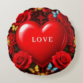 Cojín Redondo Romantic Red Heart Framed by Roses and Butterflies
