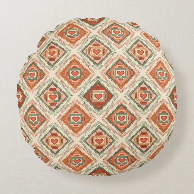Cojín Redondo Romantic Southwestern Heart Pattern Peach & Sage (Anverso)