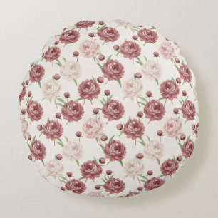 Cojín Redondo Romántico tono rosado y patrón floral de peonía bo