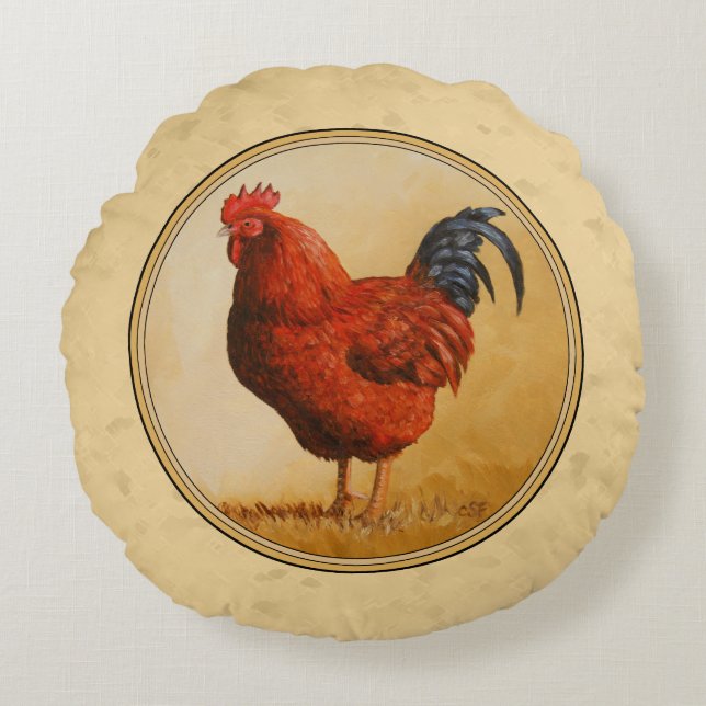 Cojín Redondo Rooster Rojo de Rhode Island Fondo Amarillo (Anverso)