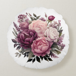 Cojín Redondo Rosa Blanco Púrpura Rosas Peonías Floral Flor