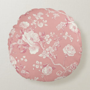 Cojín Redondo Rosa Claro Patrón Floral Toile Rosa Antigua
