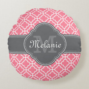 Cojín Redondo Rosa claro qué patrón marroquí monograma gris oscu