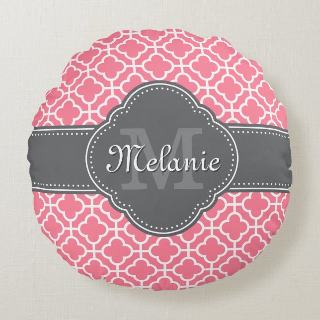 Cojín Redondo Rosa claro qué patrón marroquí monograma gris oscu (Anverso)