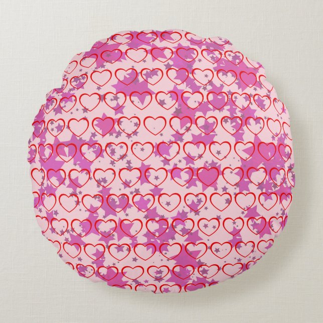 Cojín Redondo Rosa con corazones rojos (Anverso)