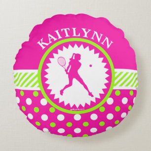 Cojín Redondo Rosa con monograma del tenis - lunares verdes