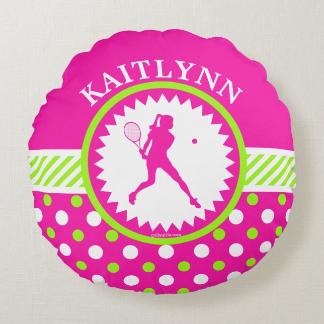 Cojín Redondo Rosa con monograma del tenis - lunares verdes (Anverso)